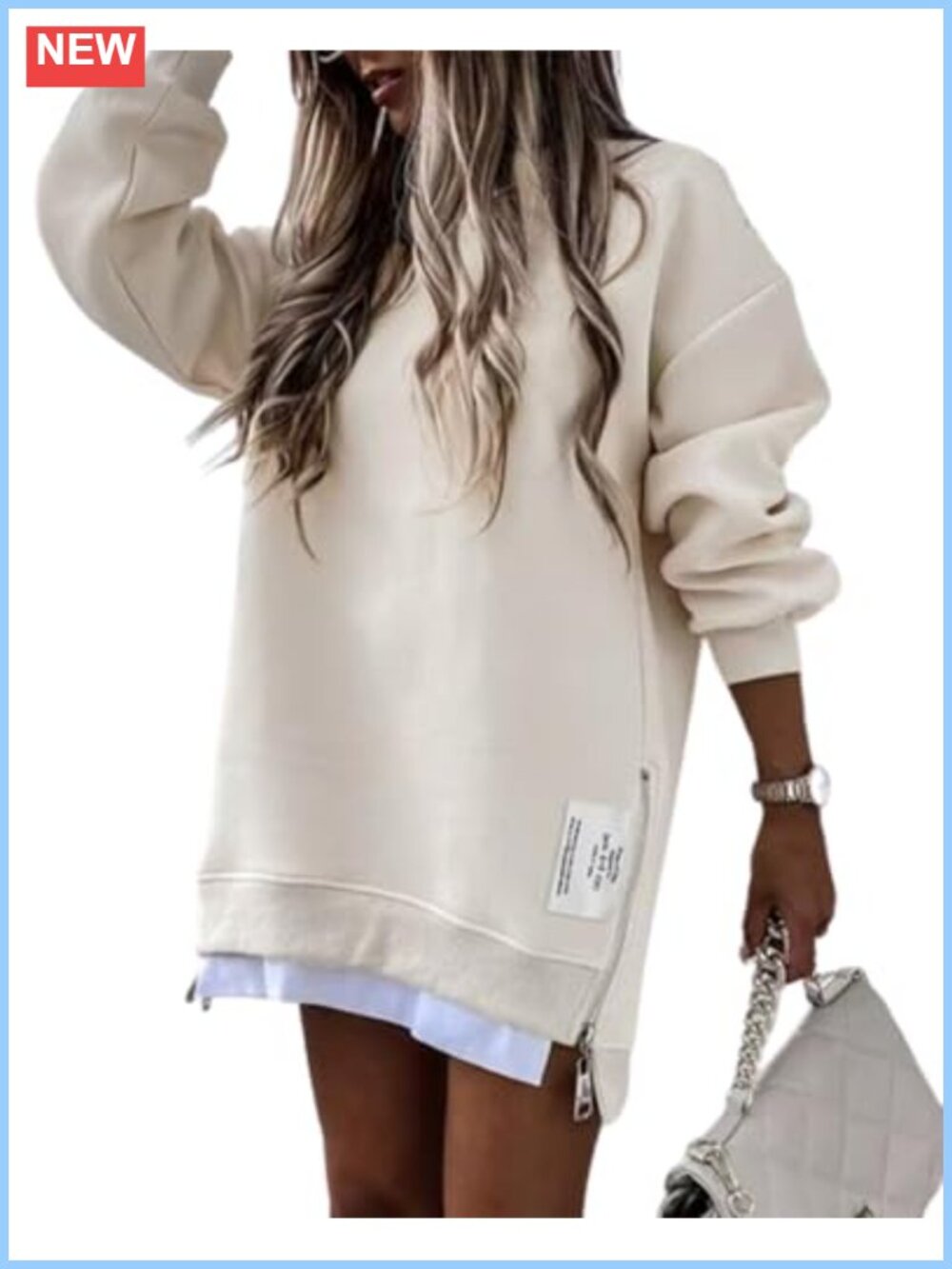 Oversized Crewneck Sweatshirt Women Long Sleeve Drop Shoulder Zipper Hem